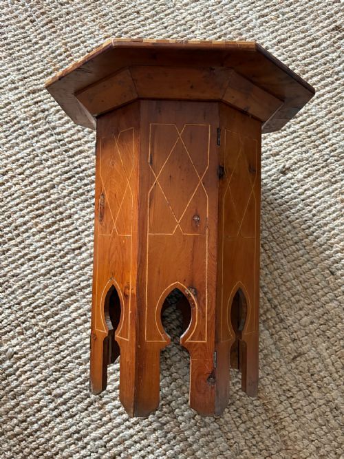 A MOORISH AMBOYNA BURR INLAID OCTAGONAL TABLE C1900 WITH ARCH LEGS 49CM WIDE - ADDITIONAL PHOTO 3