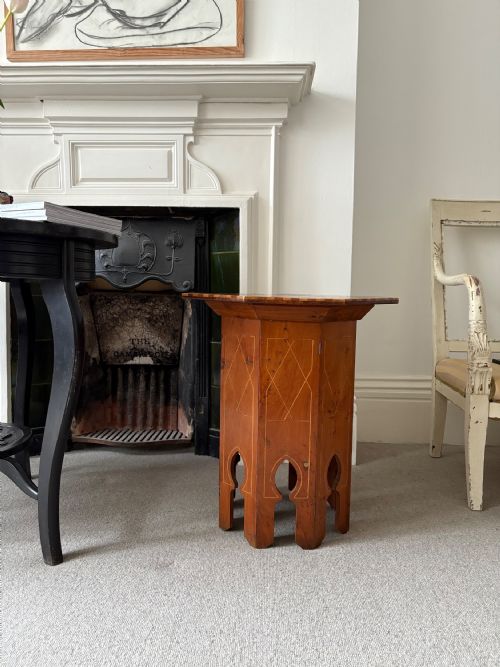 A MOORISH AMBOYNA BURR INLAID OCTAGONAL TABLE C1900 WITH ARCH LEGS 49CM WIDE - ADDITIONAL PHOTO 8