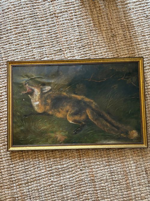 ANTIQUE OIL ON CANVAS FOX WILDLIFE PAINTING C1900 90CM WIDE FRAMED - ADDITIONAL PHOTO 5