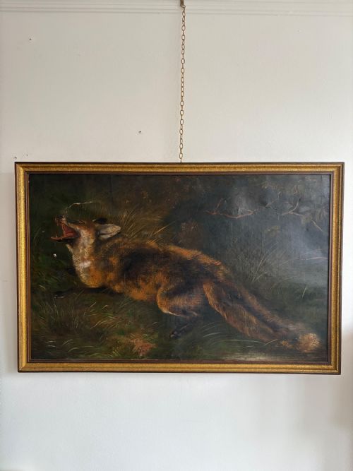 antique oil on canvas fox wildlife painting c1900 90cm wide framed - CATEGORY: ANTIQUE ART - DATED 1900