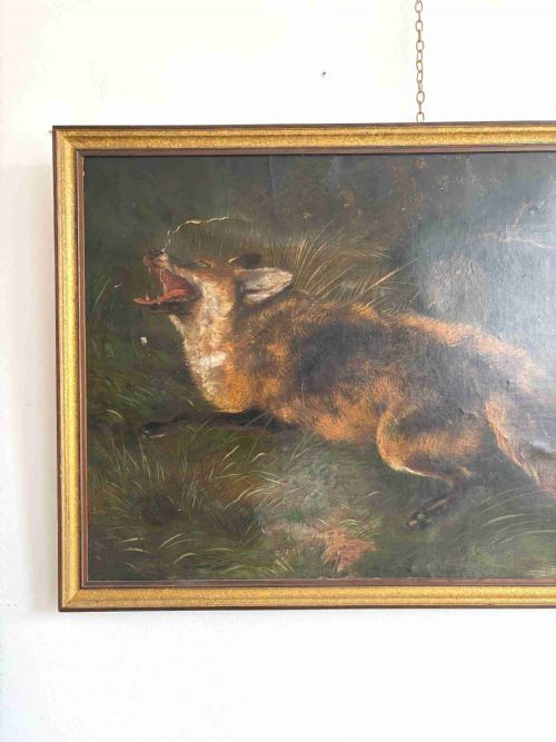 ANTIQUE OIL ON CANVAS FOX WILDLIFE PAINTING C1900 90CM WIDE FRAMED - ADDITIONAL PHOTO 2