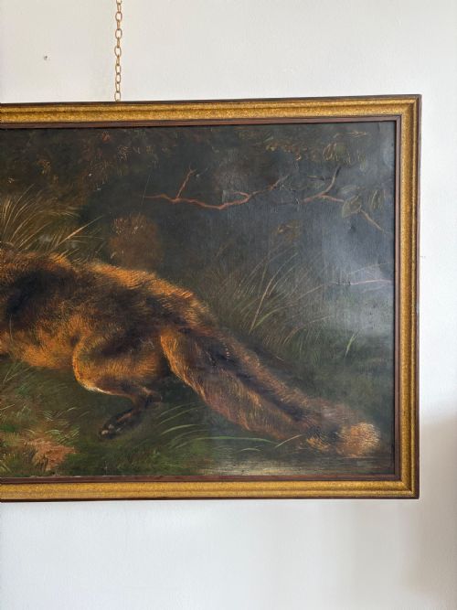 ANTIQUE OIL ON CANVAS FOX WILDLIFE PAINTING C1900 90CM WIDE FRAMED - ADDITIONAL PHOTO 3