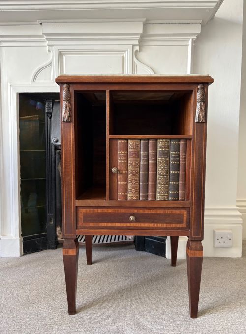 early 20thc french empire style mahogany inlaid bedside cupboard faux bookends - CATEGORY: ANTIQUE CABINETS - DATED 1920