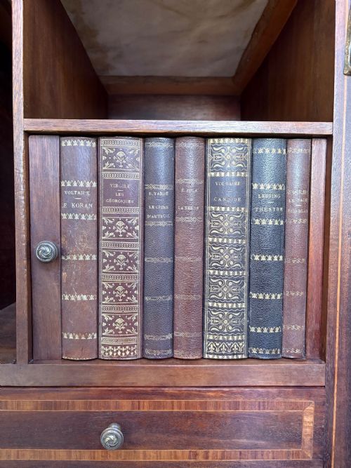 EARLY 20THC FRENCH EMPIRE STYLE MAHOGANY INLAID BEDSIDE CUPBOARD FAUX BOOKENDS - ADDITIONAL PHOTO 3