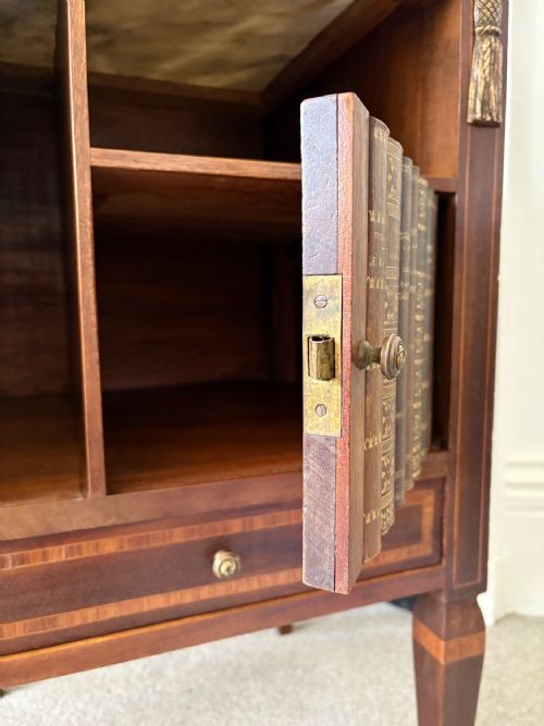 EARLY 20THC FRENCH EMPIRE STYLE MAHOGANY INLAID BEDSIDE CUPBOARD FAUX BOOKENDS - ADDITIONAL PHOTO 8