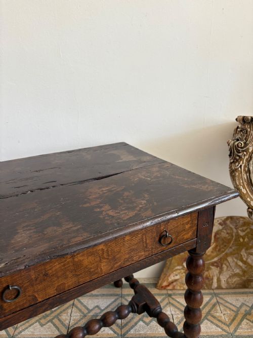 A 17THC AND LATER ENGLISH OAK 2 PLANK SIDE TABLE BOBBIN TURNED LEGS 70CM WIDE - ADDITIONAL PHOTO 2