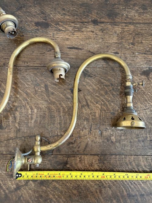 PAIR OF ARCHITECTURAL ANTIQUE SWAN NECK BRASS WALL LIGHTS C1900 ADAPTED GAS LIGHTS 30CM - ADDITIONAL PHOTO 14
