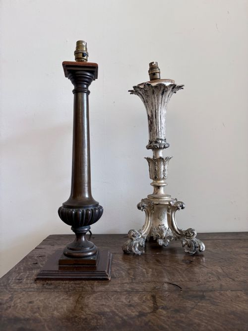 A 19TH CENTURY GRAND TOUR BRONZE TAPERING COLUMN LAMP GADROONED BASE 50CM - ADDITIONAL PHOTO 3