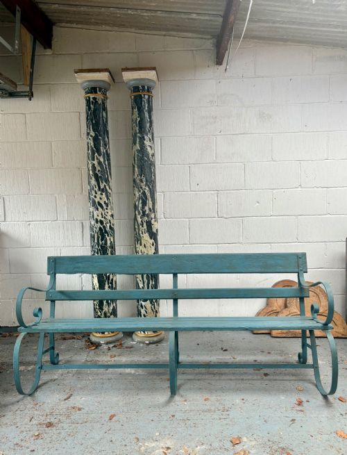 A 19TH CENTURY ENGLISH STRAP IRON AND WOODEN BENCH C1870 185CM FRENCH BLUE - ADDITIONAL PHOTO 5