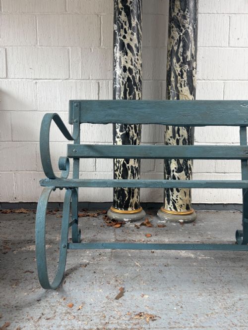 A 19TH CENTURY ENGLISH STRAP IRON AND WOODEN BENCH C1870 185CM FRENCH BLUE - ADDITIONAL PHOTO 6