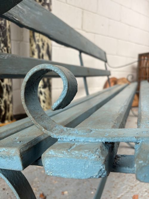 A 19TH CENTURY ENGLISH STRAP IRON AND WOODEN BENCH C1870 185CM FRENCH BLUE - ADDITIONAL PHOTO 7