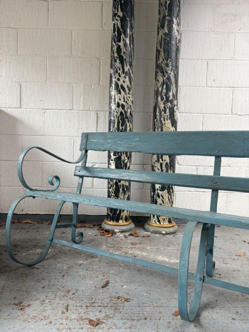 A 19TH CENTURY ENGLISH STRAP IRON AND WOODEN BENCH C1870 185CM FRENCH BLUE - ADDITIONAL PHOTO 8