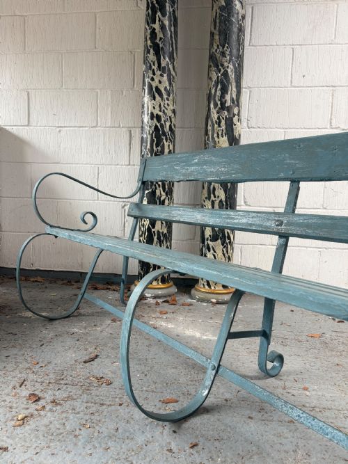 A 19TH CENTURY ENGLISH STRAP IRON AND WOODEN BENCH C1870 185CM FRENCH BLUE - ADDITIONAL PHOTO 9