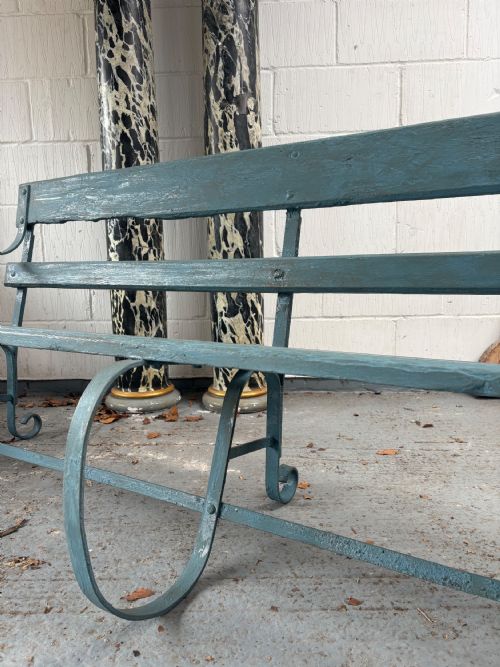 A 19TH CENTURY ENGLISH STRAP IRON AND WOODEN BENCH C1870 185CM FRENCH BLUE - ADDITIONAL PHOTO 11