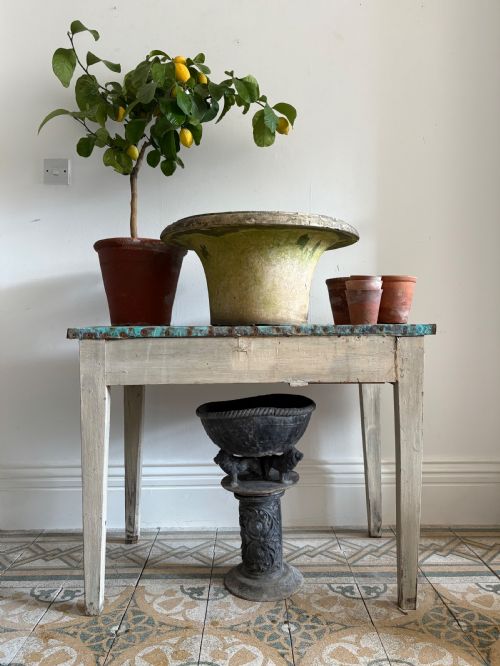 FRENCH ANTIQUE POTTING SHED OR ORANGERY TABLE C1900 VERDIGRIS COPPER TOP 90CM - ADDITIONAL PHOTO 8
