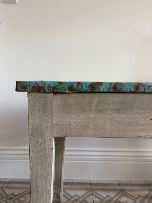 FRENCH ANTIQUE POTTING SHED OR ORANGERY TABLE C1900 VERDIGRIS COPPER TOP 90CM - ADDITIONAL PHOTO 4