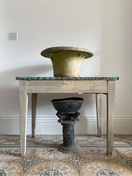 FRENCH ANTIQUE POTTING SHED OR ORANGERY TABLE C1900 VERDIGRIS COPPER TOP 90CM - ADDITIONAL PHOTO 7