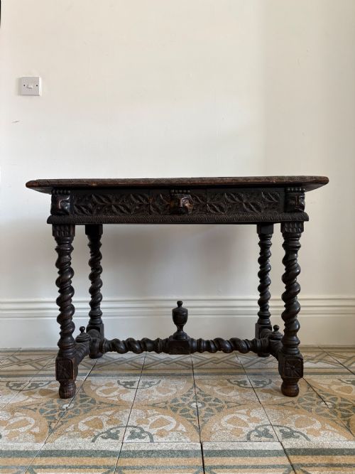 A 17TH CENTURY FLEMISH CARVED OAK SIDE TABLE WITH BARLEY TWIST GROTESQUE MASKS AND UP FINIAL 97CM - ADDITIONAL PHOTO 4