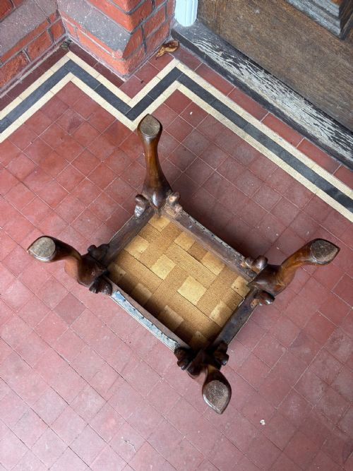 A CONVINCING QUEEN ANNE STYLE 19THC WALNUT CARVED STOOL SILK DAMASK - ADDITIONAL PHOTO 8