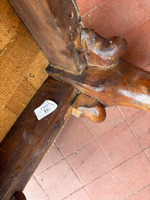A CONVINCING QUEEN ANNE STYLE 19THC WALNUT CARVED STOOL SILK DAMASK - ADDITIONAL PHOTO 9