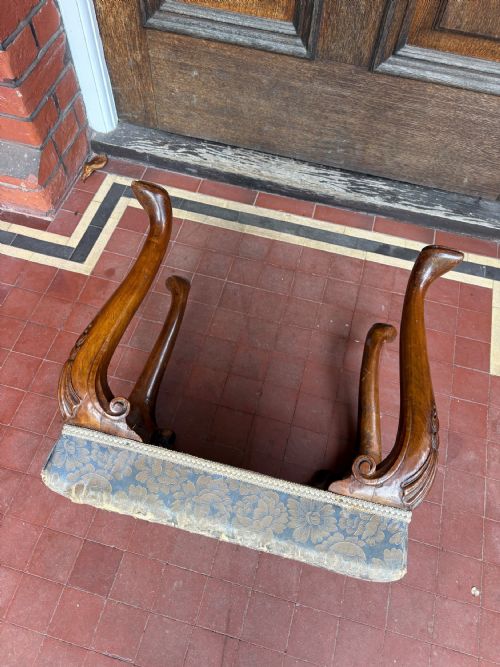 A CONVINCING QUEEN ANNE STYLE 19THC WALNUT CARVED STOOL SILK DAMASK - ADDITIONAL PHOTO 11