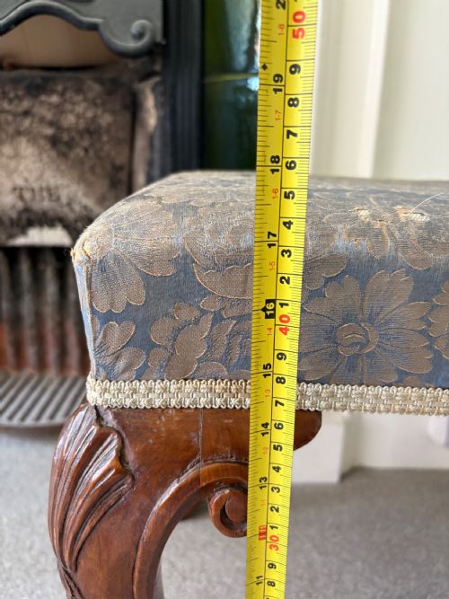A CONVINCING QUEEN ANNE STYLE 19THC WALNUT CARVED STOOL SILK DAMASK - ADDITIONAL PHOTO 14