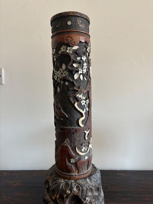 A 19THC JAPANESE RARE BRUSH POT MEIJI PERIOD CARVED HARDSTONE MOTHER OF PEARL - ADDITIONAL PHOTO 4