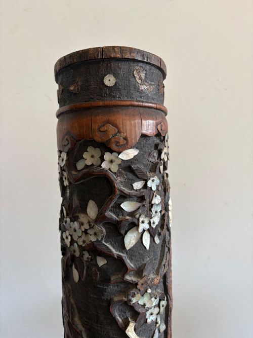 A 19THC JAPANESE RARE BRUSH POT MEIJI PERIOD CARVED HARDSTONE MOTHER OF PEARL - ADDITIONAL PHOTO 7