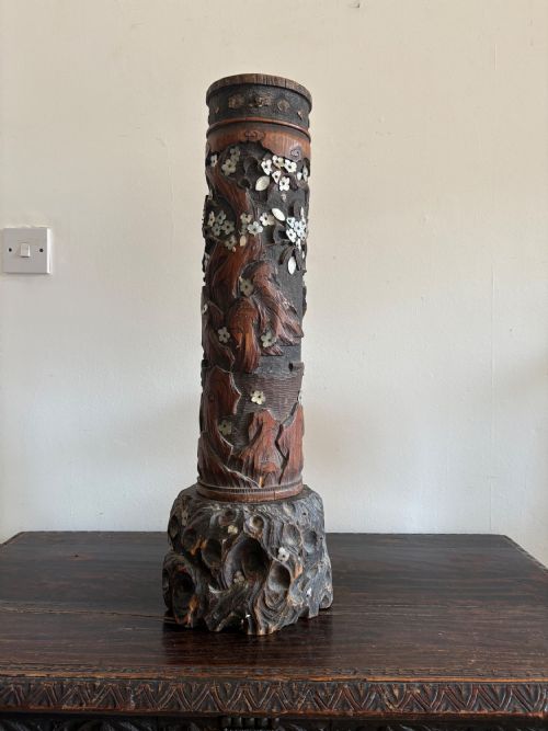 A 19THC JAPANESE RARE BRUSH POT MEIJI PERIOD CARVED HARDSTONE MOTHER OF PEARL - ADDITIONAL PHOTO 8