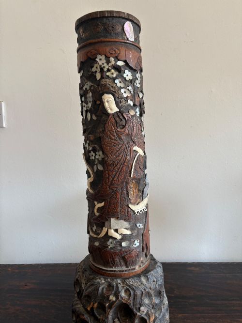 A 19THC JAPANESE RARE BRUSH POT MEIJI PERIOD CARVED HARDSTONE MOTHER OF PEARL - ADDITIONAL PHOTO 9