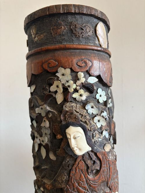 A 19THC JAPANESE RARE BRUSH POT MEIJI PERIOD CARVED HARDSTONE MOTHER OF PEARL - ADDITIONAL PHOTO 11