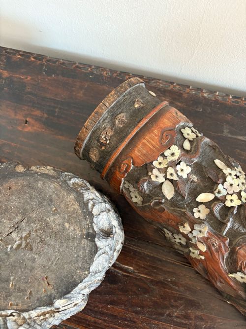 A 19THC JAPANESE RARE BRUSH POT MEIJI PERIOD CARVED HARDSTONE MOTHER OF PEARL - ADDITIONAL PHOTO 10