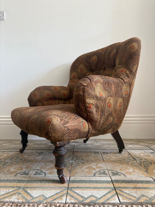 LATE 19THC DEEP SEATED SPOON BACK LOW COUNTRY HOUSE ARMCHAIR LIBERTY FABRIC - ADDITIONAL PHOTO 3