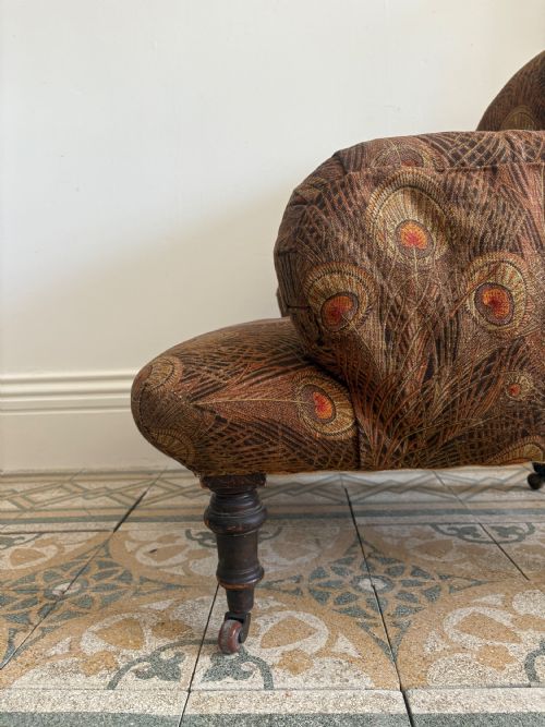 LATE 19THC DEEP SEATED SPOON BACK LOW COUNTRY HOUSE ARMCHAIR LIBERTY FABRIC - ADDITIONAL PHOTO 4