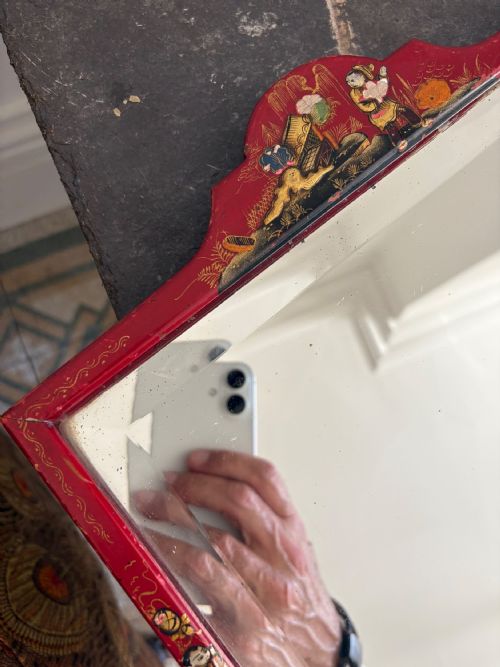 A 1920S RED LACQUER CHINOISERIE BEVELLED DRESSING MIRROR 46CM EASEL STAND - ADDITIONAL PHOTO 1