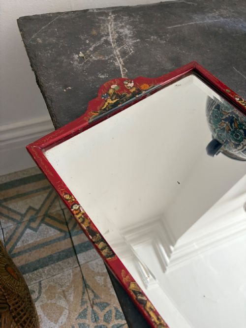 A 1920S RED LACQUER CHINOISERIE BEVELLED DRESSING MIRROR 46CM EASEL STAND - ADDITIONAL PHOTO 2