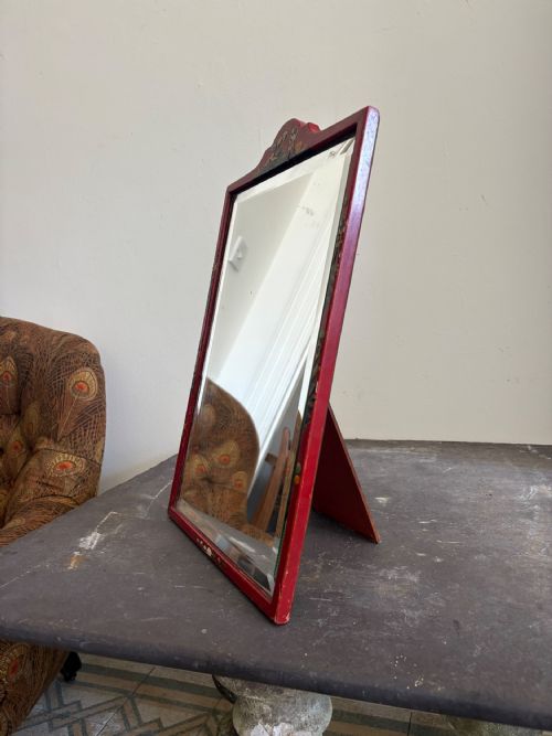 A 1920S RED LACQUER CHINOISERIE BEVELLED DRESSING MIRROR 46CM EASEL STAND - ADDITIONAL PHOTO 4