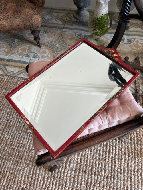 A 1920S RED LACQUER CHINOISERIE BEVELLED DRESSING MIRROR 46CM EASEL STAND - ADDITIONAL PHOTO 7