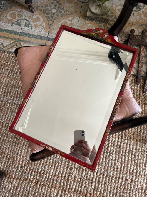 A 1920S RED LACQUER CHINOISERIE BEVELLED DRESSING MIRROR 46CM EASEL STAND - ADDITIONAL PHOTO 9