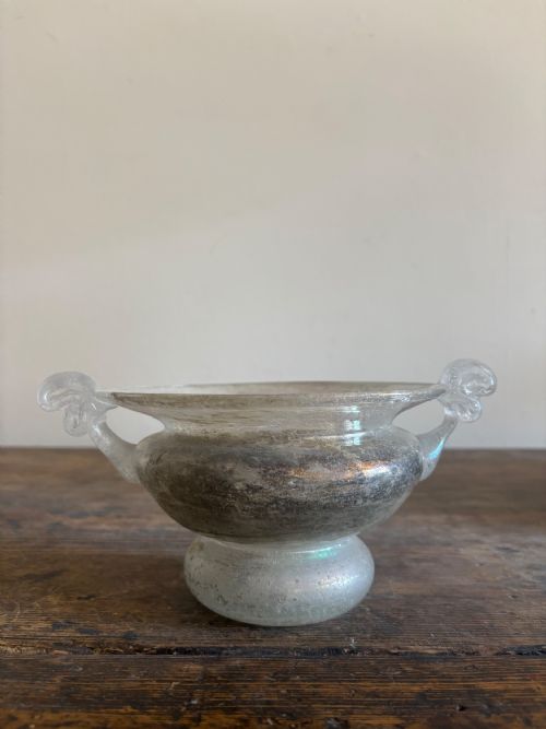 a murano 1920sart deco hand blown iridescent scavo glass bowl 23cmtwin handle - CATEGORY: ANTIQUE GLASS - DATED 1920