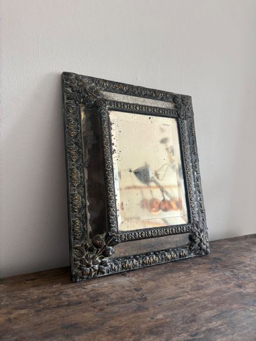 A 19TH CENTURY DUTCH REPOUSSE BRASS CUSHION MIRROR 39CM WITH FOXED MERCURY PLATE - ADDITIONAL PHOTO 2
