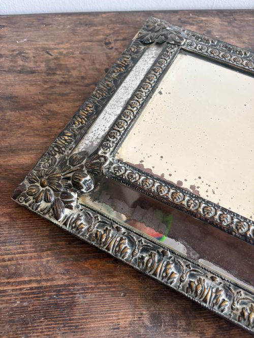 A 19TH CENTURY DUTCH REPOUSSE BRASS CUSHION MIRROR 39CM WITH FOXED MERCURY PLATE - ADDITIONAL PHOTO 3