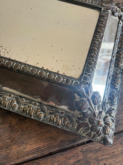 A 19TH CENTURY DUTCH REPOUSSE BRASS CUSHION MIRROR 39CM WITH FOXED MERCURY PLATE - ADDITIONAL PHOTO 4