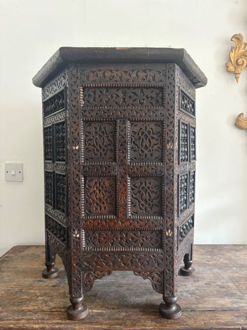 A 19TH CENTURY CARVED OTTOMAN OR DAMASCUS OCTAGONAL INLAID TABLE 69CM TALL - ADDITIONAL PHOTO 1