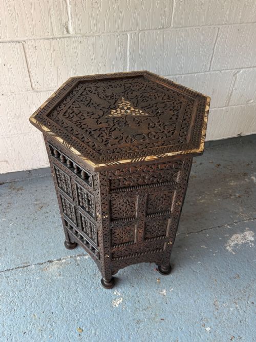 a 19th century carved ottoman or damascus octagonal inlaid table 69cm tall - CATEGORY: ANTIQUE FURNITURE - DATED 19TH CENTURY