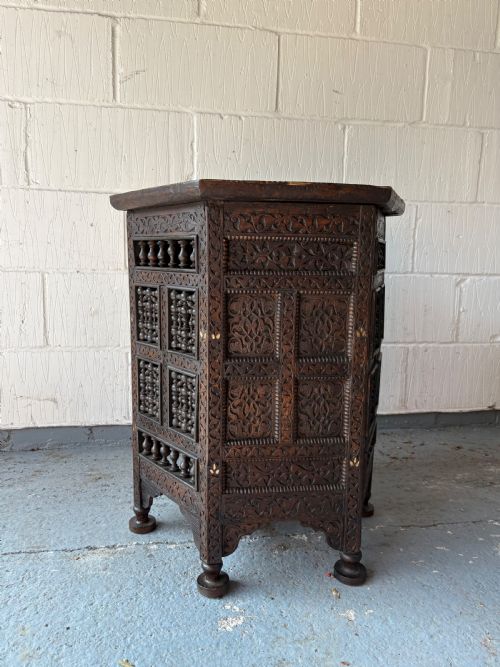 A 19TH CENTURY CARVED OTTOMAN OR DAMASCUS OCTAGONAL INLAID TABLE 69CM TALL - ADDITIONAL PHOTO 2