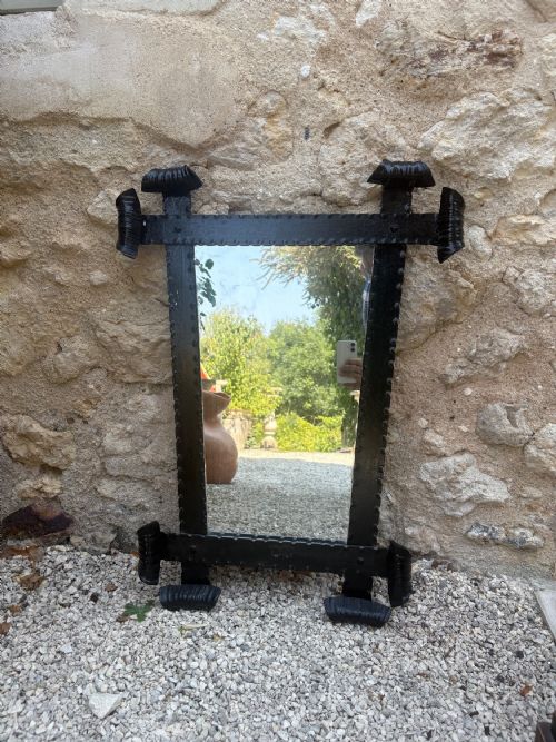 a french 1920s hand forged wrought iron mirror with scroll ends 75cm - CATEGORY: ANTIQUE MIRRORS - DATED 1920