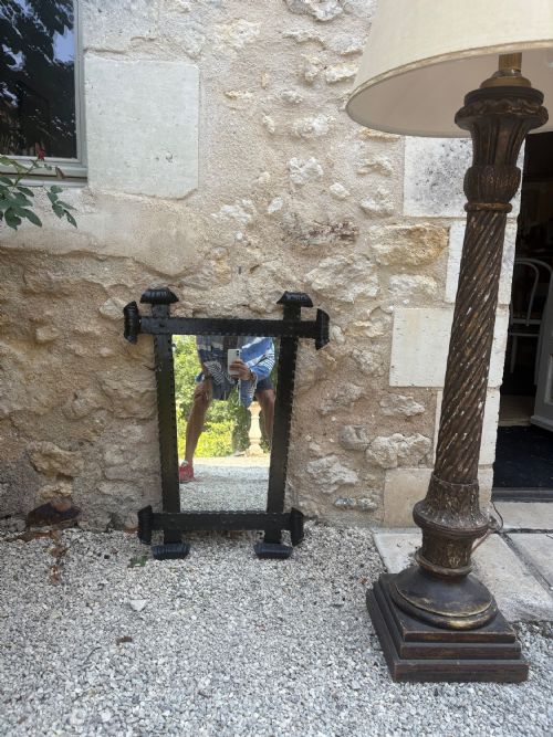 A FRENCH 1920S HAND FORGED WROUGHT IRON MIRROR WITH SCROLL ENDS 75CM - ADDITIONAL PHOTO 7