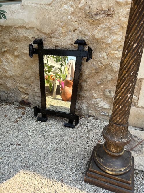 A FRENCH 1920S HAND FORGED WROUGHT IRON MIRROR WITH SCROLL ENDS 75CM - ADDITIONAL PHOTO 8
