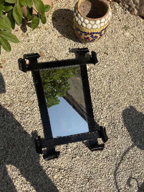 A FRENCH 1920S HAND FORGED WROUGHT IRON MIRROR WITH SCROLL ENDS 75CM - ADDITIONAL PHOTO 1